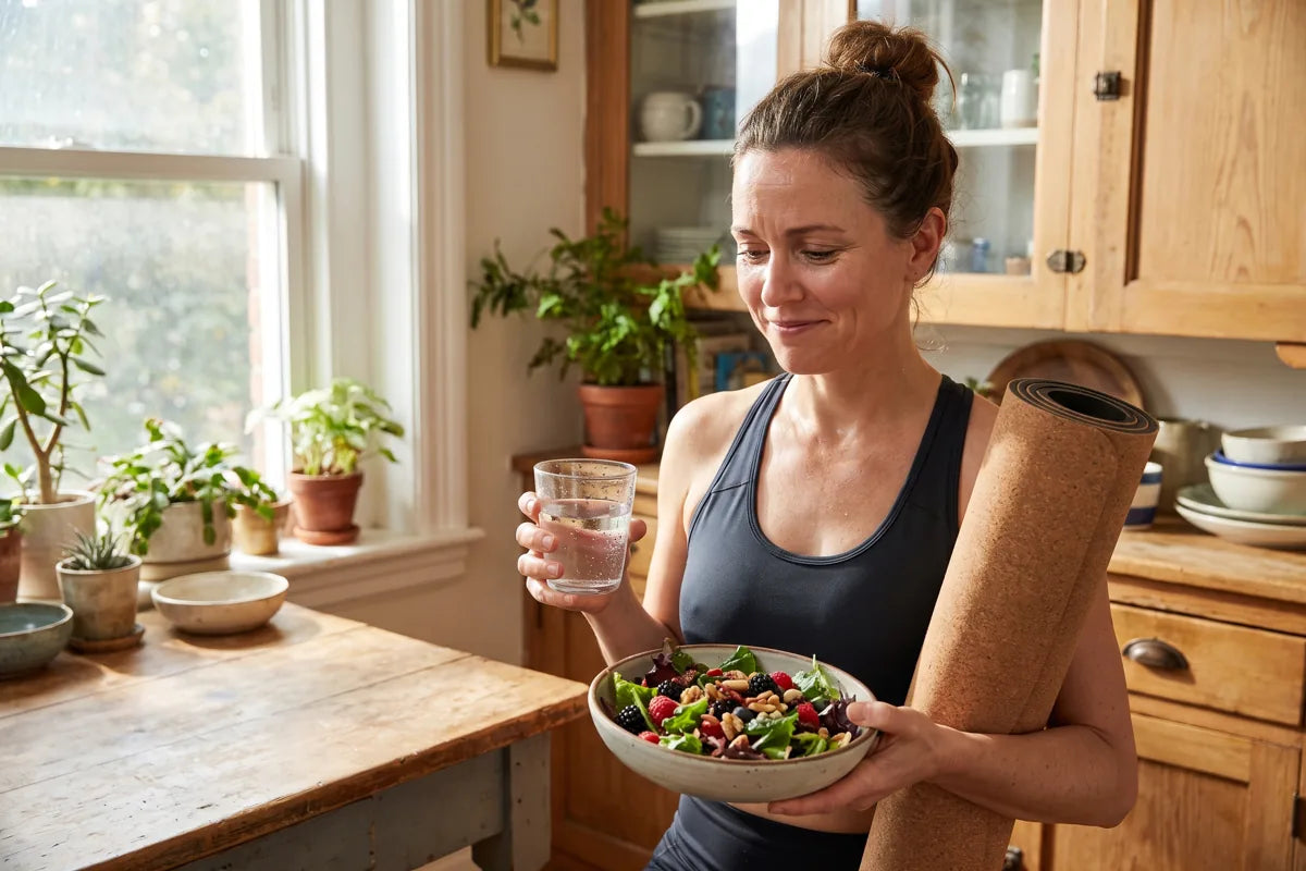 Woman in activewear holding a colourful salad bowl and a glass of water in a sunlit kitchen, a yoga mat under her arm after a workout.