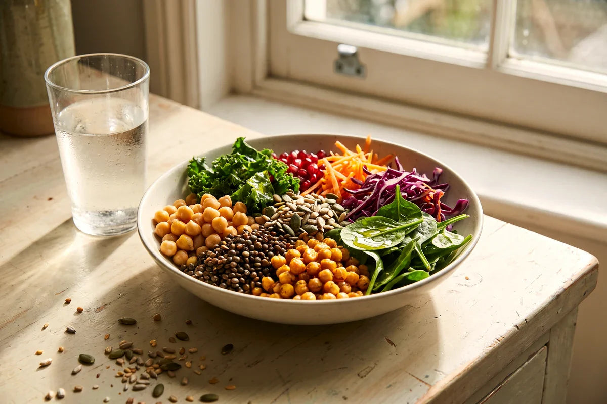 Colourful plant-based power bowl with pulses, seeds and greens on a bright kitchen table.