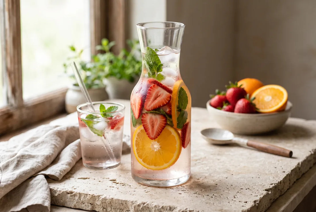 Infused water with strawberry, orange and mint in a glass carafe.