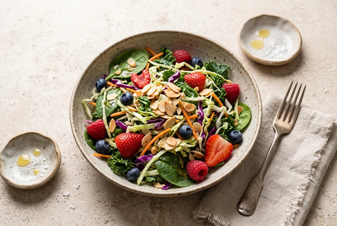 Crunchy salad of leafy greens, cabbage and carrot with berries and almonds.