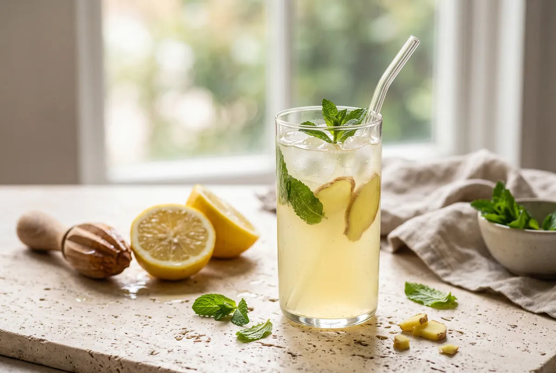 Homemade lemonade with mint, ginger and vitamin C-rich camu camu.