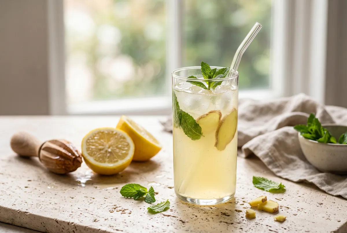 Homemade lemonade with mint, ginger and vitamin C-rich camu camu.