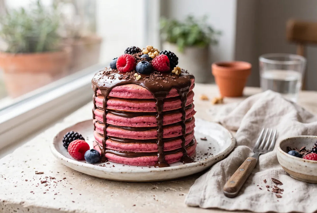 Pink beetroot-kefir pancakes stacked with melted dark chocolate.
