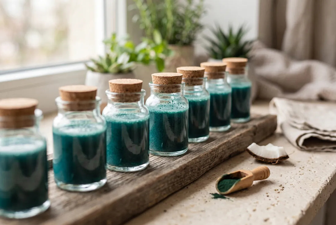 Antioxidant energy shots of coconut water and spirulina in small glasses.