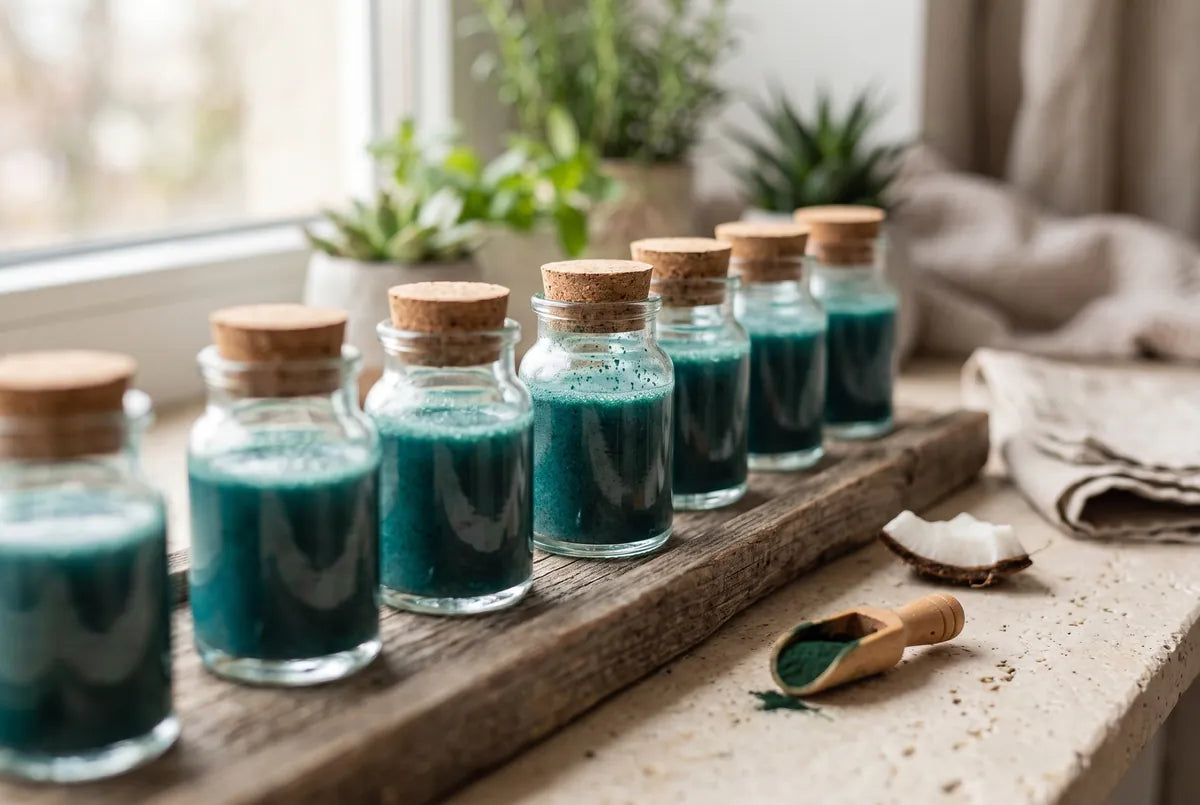 Antioxidant energy shots of coconut water and spirulina in small glasses.