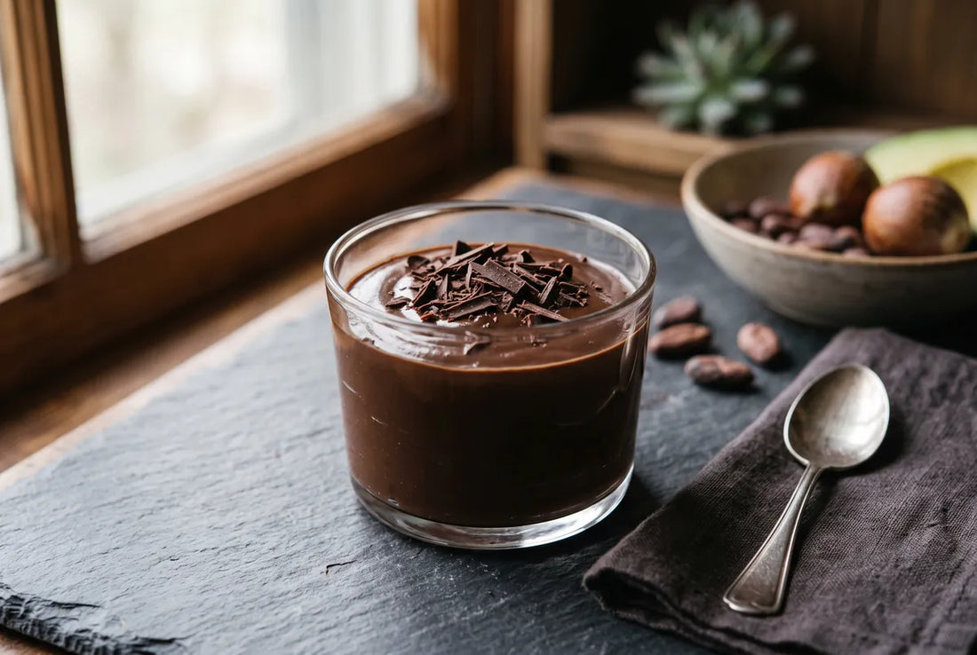 Silky chocolate-avocado pudding sweetened with honey and topped with dark chocolate.