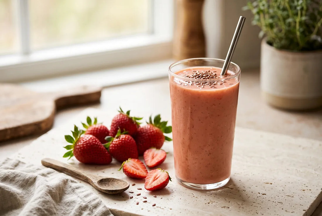 Strawberry, mango and tofu smoothie rich in fibre and protein with flaxseed oil.