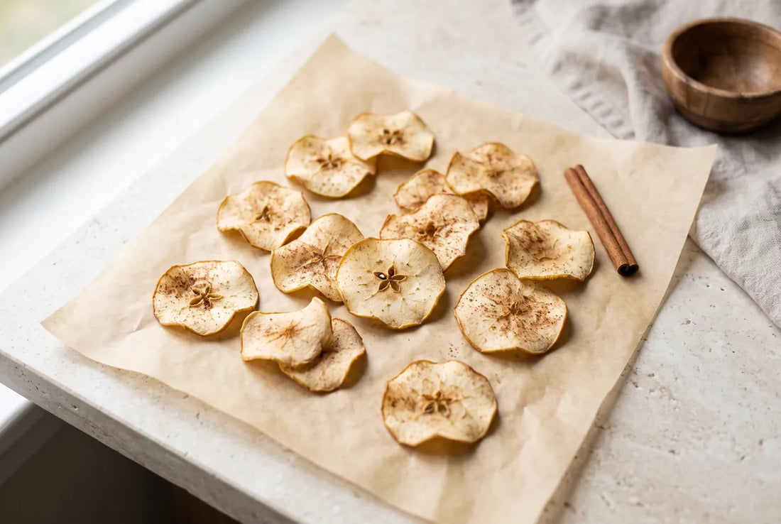 Crisp cinnamon-dusted baked apple chips, naturally sweet.