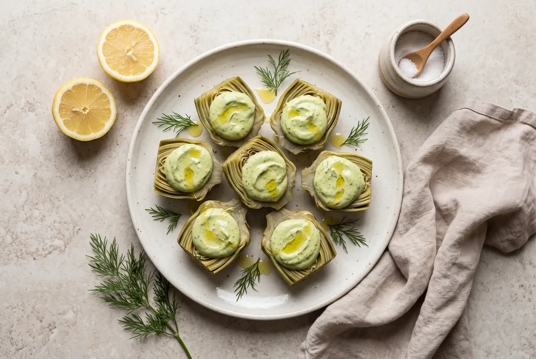 Boiled artichoke hearts topped with a garlicky avocado-dill cream.