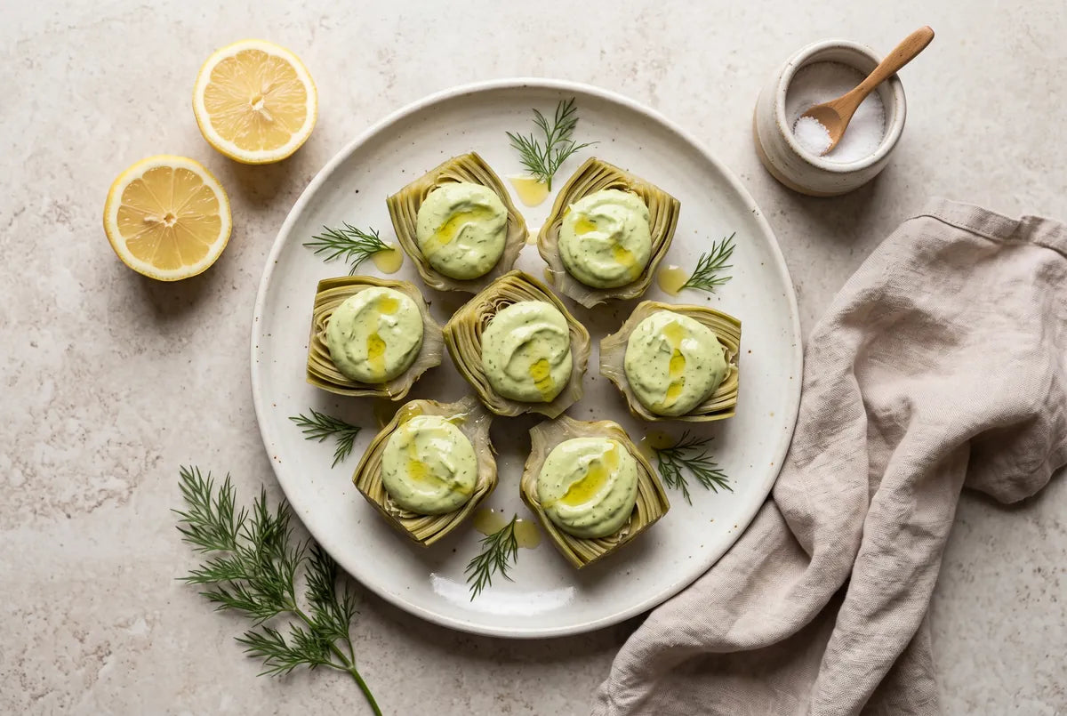 Boiled artichoke hearts topped with a garlicky avocado-dill cream.