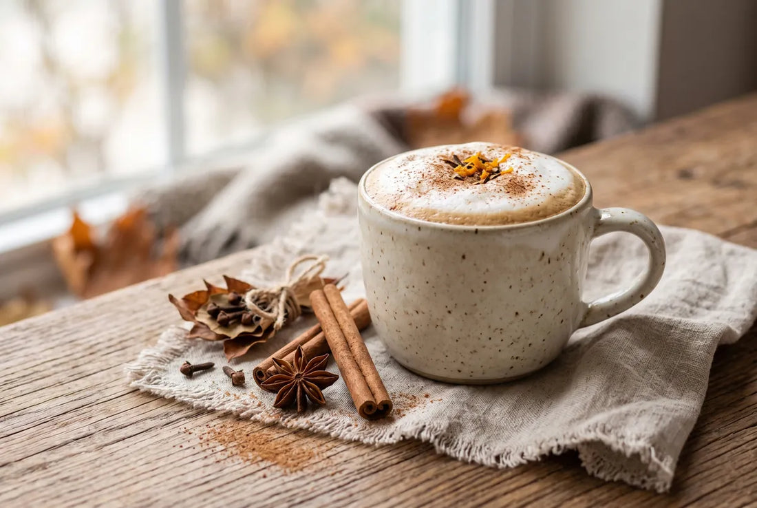 Cosy spiced latte warmed with cinnamon, ginger and nutmeg in a ceramic mug.