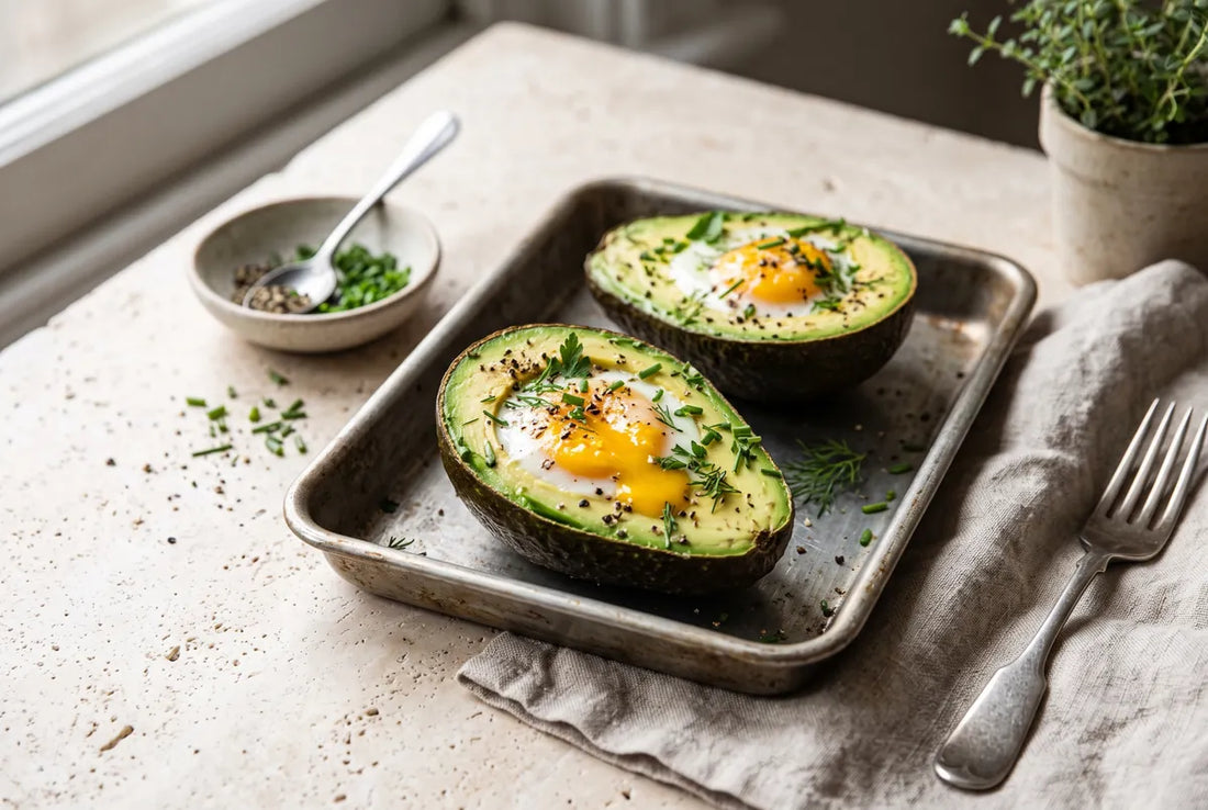 Avocado halves baked with an egg in each, a low-carb protein-rich breakfast.