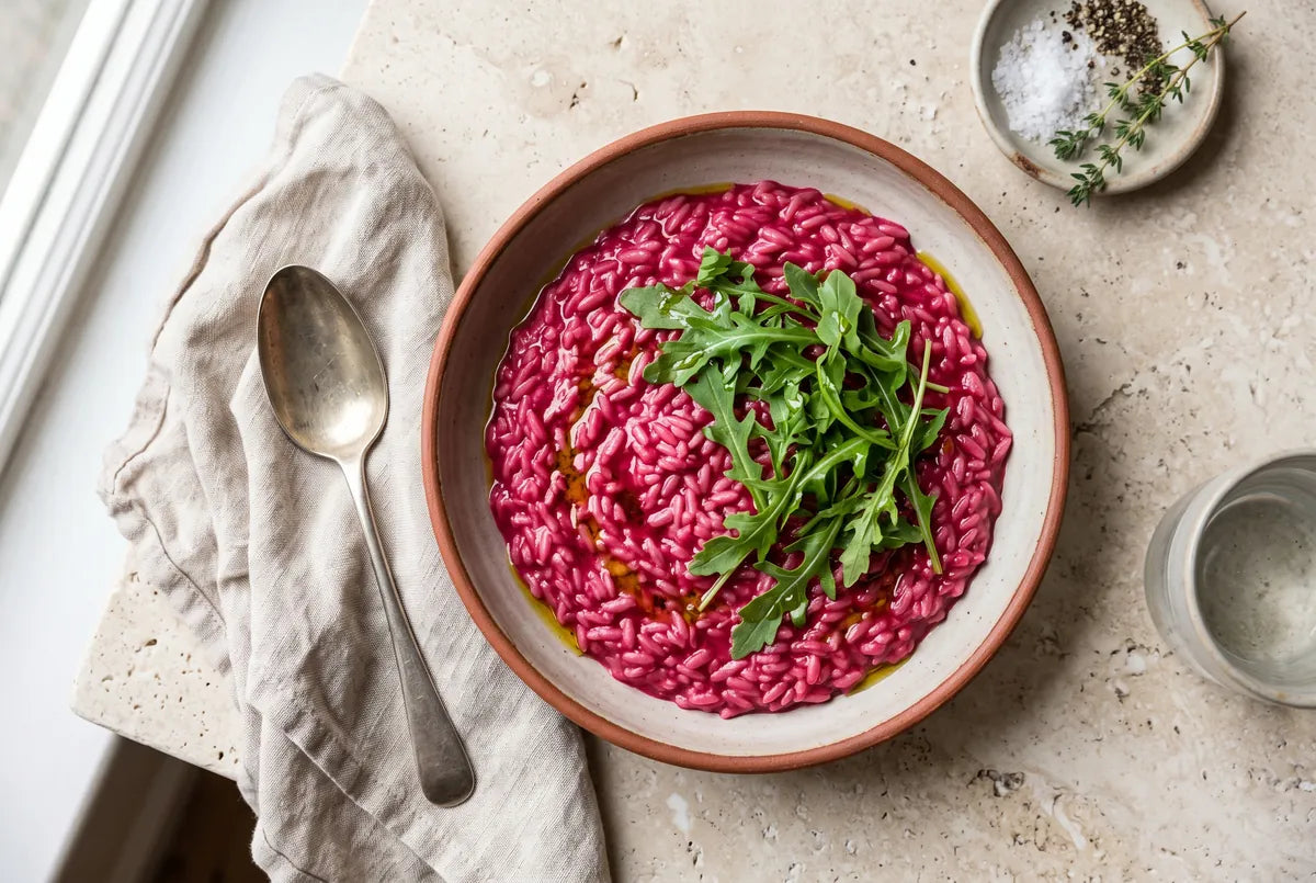 Vividly pink beetroot orzo risotto cooked in beet water.