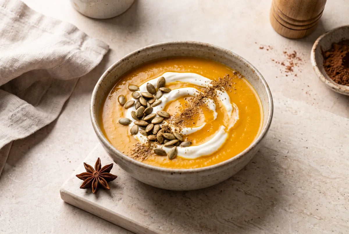 Silky pumpkin soup on bone broth with star anise, nutmeg and crunchy toppings.