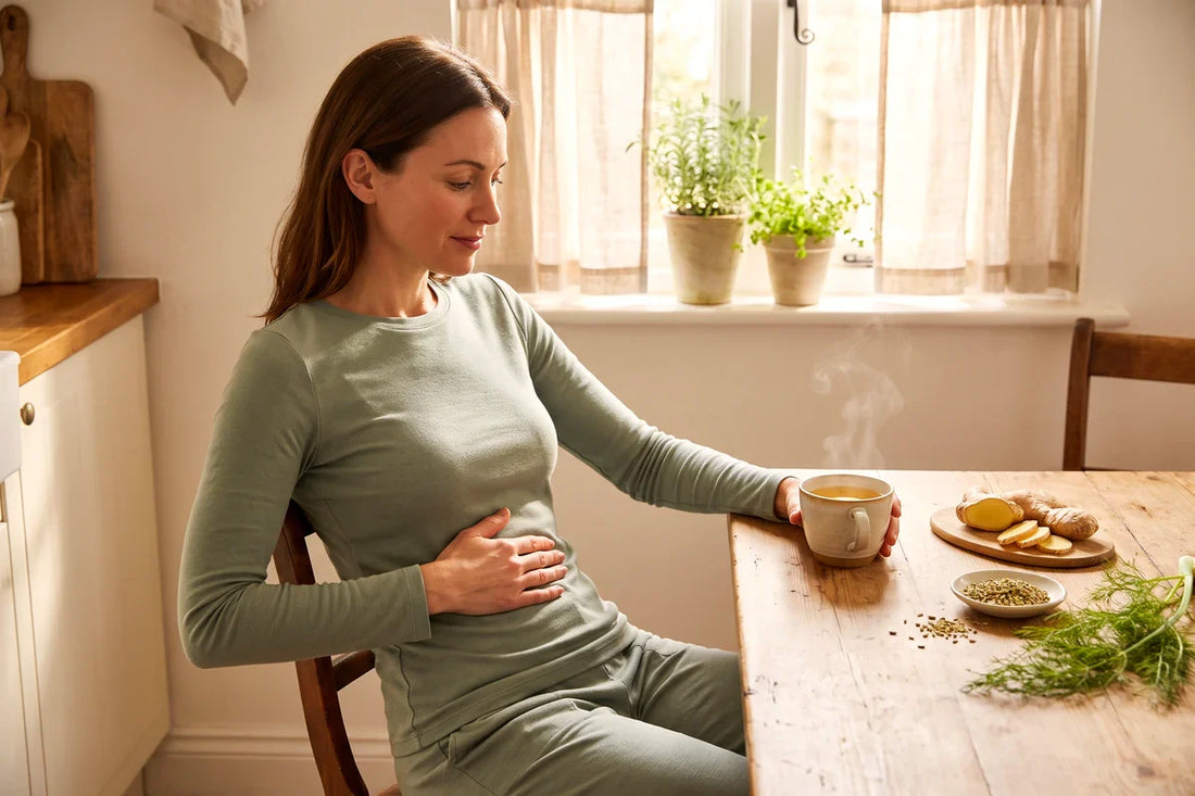 Woman relaxed at a sunlit table with ginger tea, easing bloating after a meal.