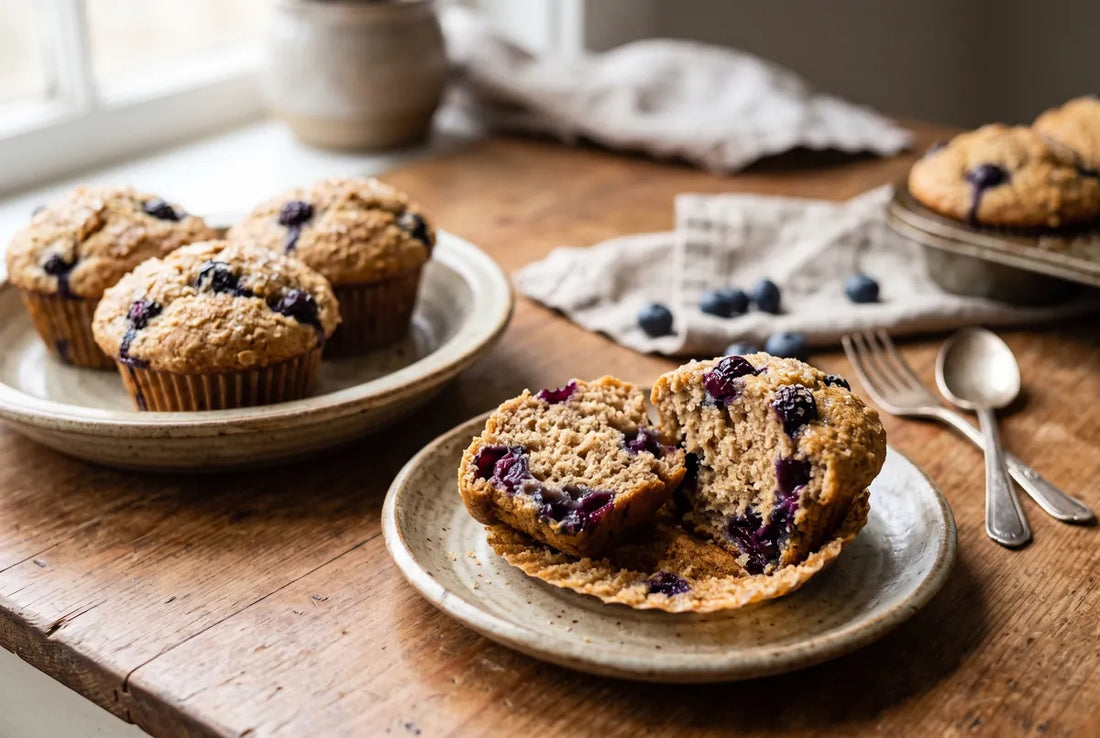Light whole-wheat blueberry muffins studded with juicy berries.