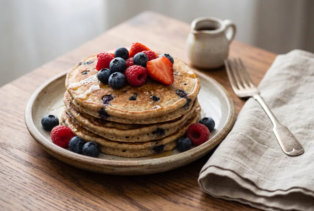 Fluffy wholemeal pancakes studded with fresh blueberries.