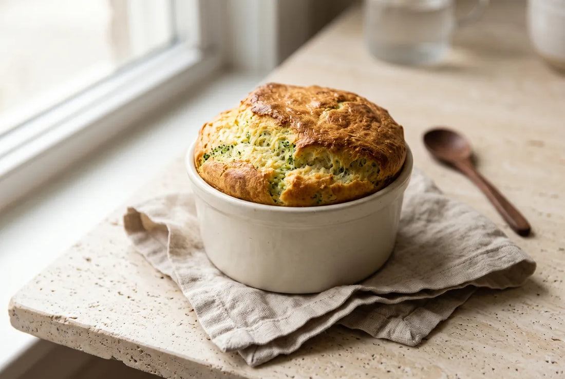 Light airy broccoli and cheese souffle risen above the ramekin.