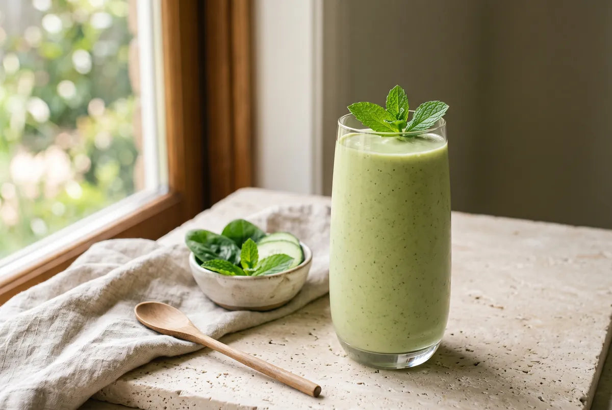 Soothing green smoothie with spinach, apple, cucumber and mint.