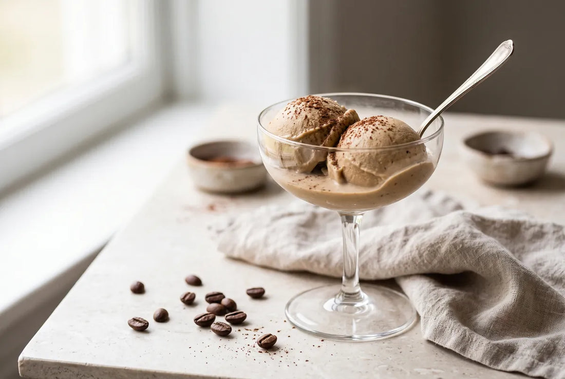 Banana cappuccino nice cream blended with cold brew coffee and cacao.