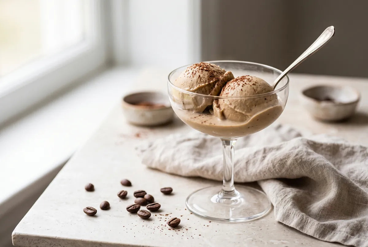 Banana cappuccino nice cream blended with cold brew coffee and cacao.
