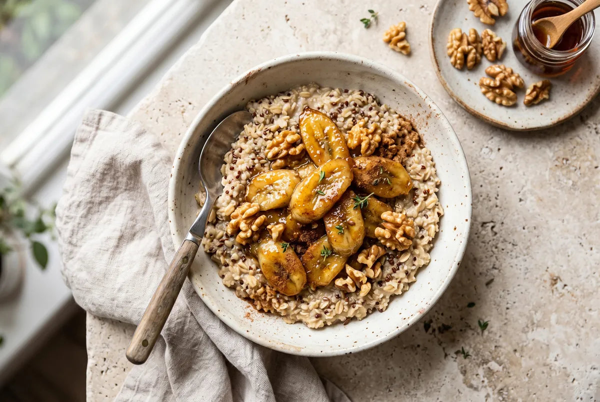 Warm grain bowl of oats and quinoa topped with caramelised banana and walnuts.