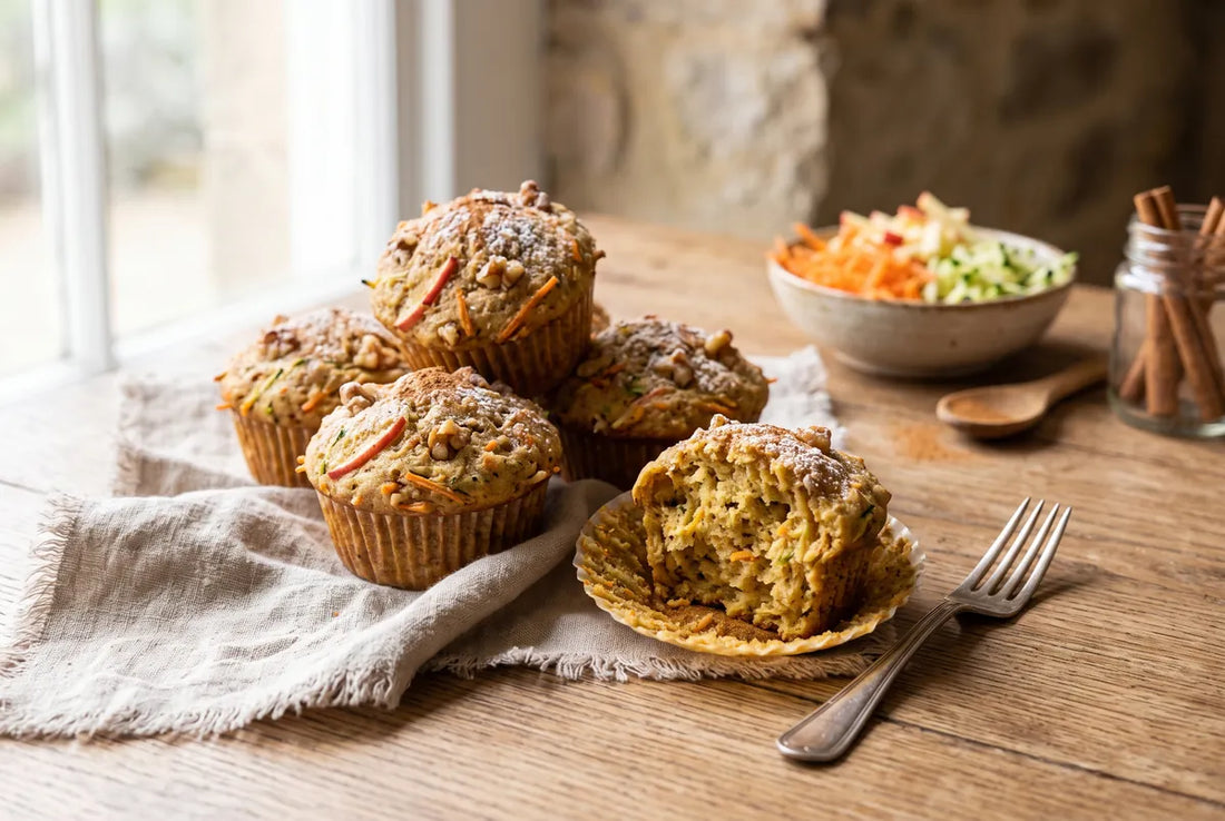 Lightly spiced muffins packed with grated carrot, apple and zucchini.