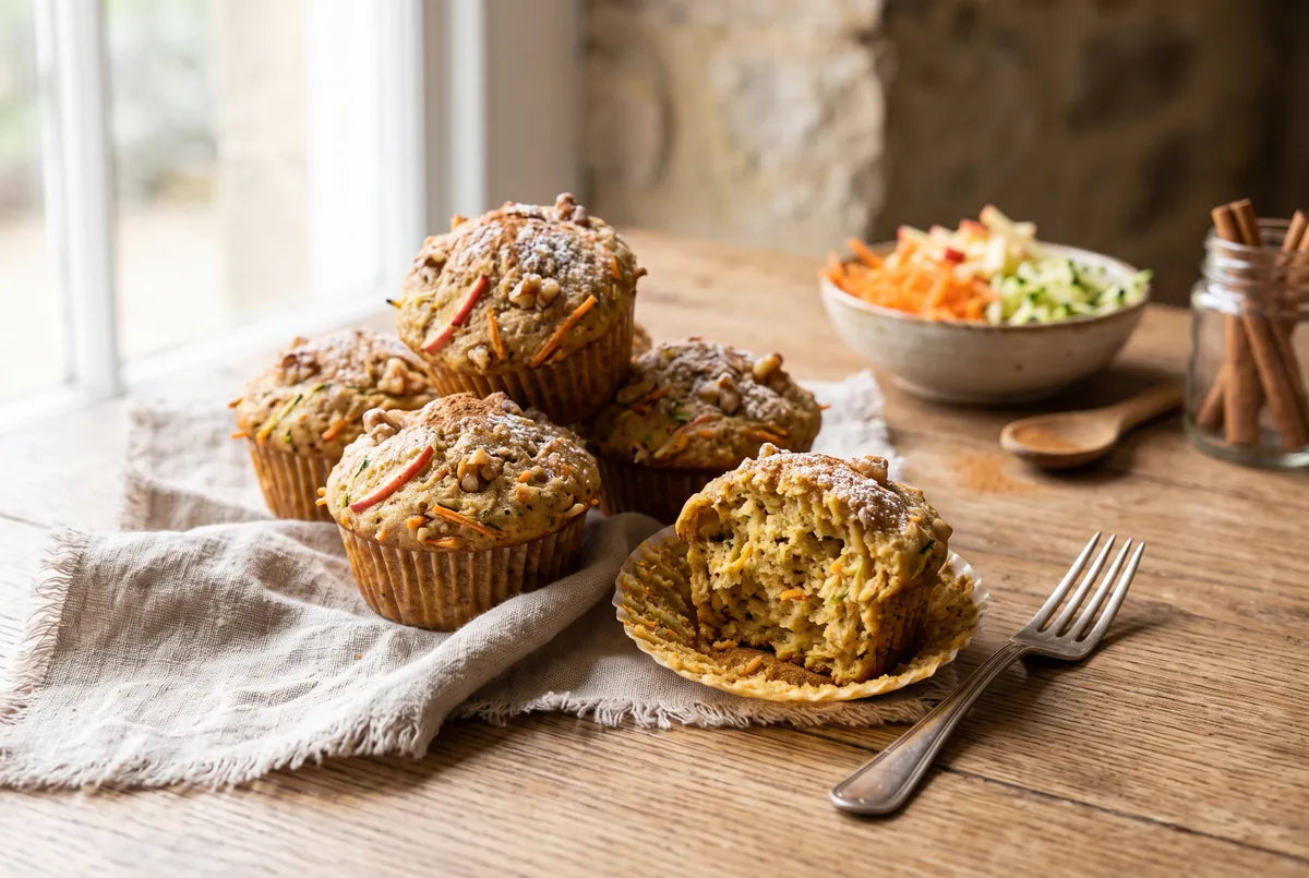 Lightly spiced muffins packed with grated carrot, apple and zucchini.