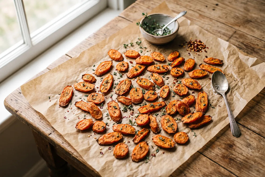 Oven-roasted carrot chips seasoned with thyme and red pepper.