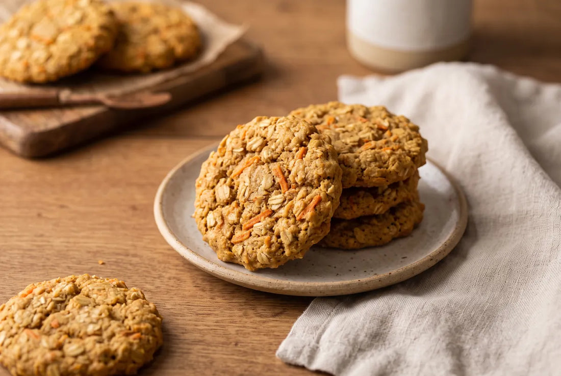 Wholesome carrot cookies made with oats, whole wheat flour and warm spices.