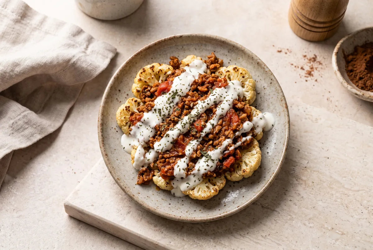 Cauliflower manti with roasted cauliflower in place of the dough, under yogurt sauce.