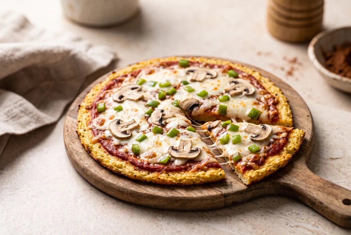 Ten-minute cauliflower pizza base made from just cauliflower and eggs.