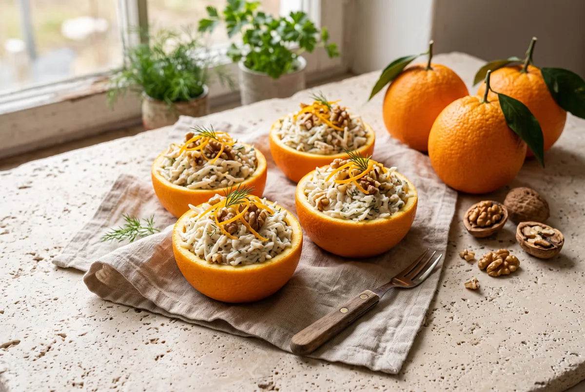 Celeriac, yogurt and walnut salad served inside hollowed orange halves.