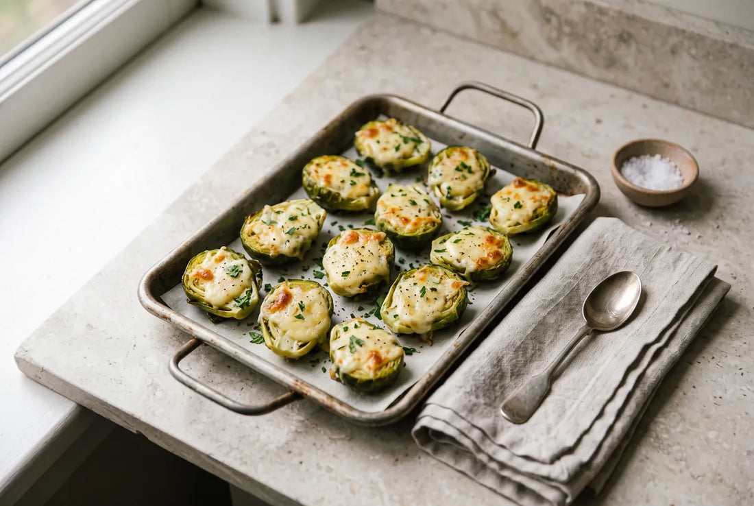Brussels sprout halves hollowed and filled with melty cheese.