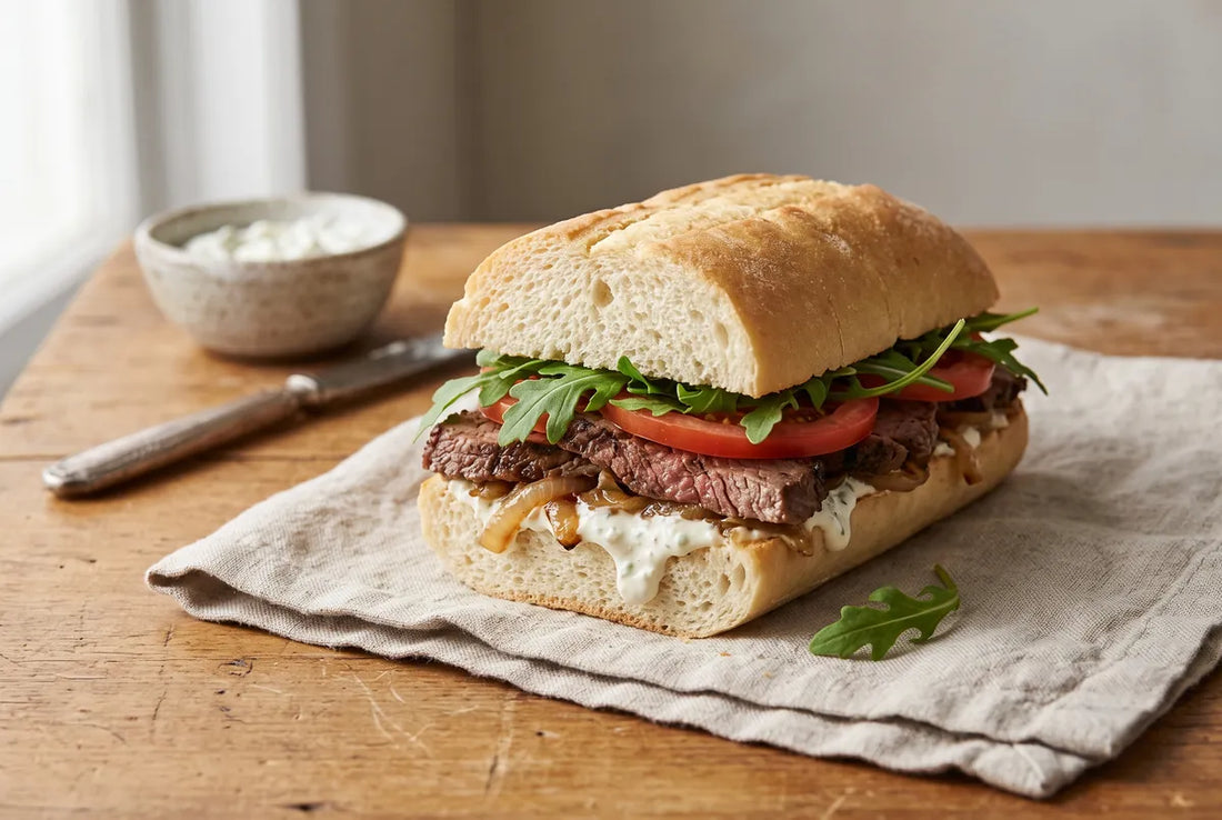 Cheesesteak sandwich with steak strips, arugula, tomato and feta-yogurt spread.