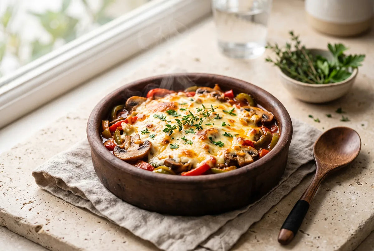 Mushroom and pepper guvec baked under melting cheese.
