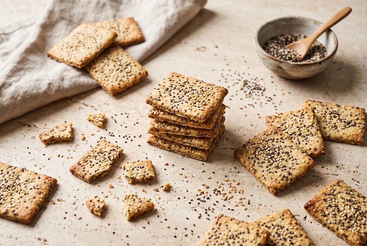 Crunchy homemade crackers made with chia and sesame seeds.