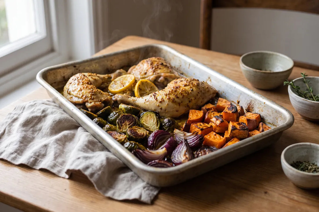 One-tray roast chicken with caramelised Brussels sprouts and sweet potato
