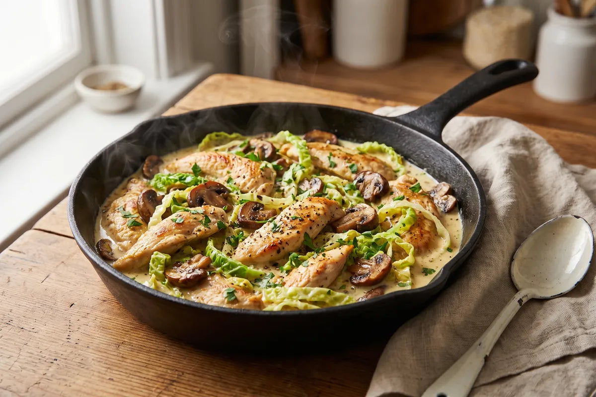 One-pan chicken, mushroom and savoy cabbage skillet in a creamy Dijon mustard sauce, scattered with parsley, in a cast-iron pan