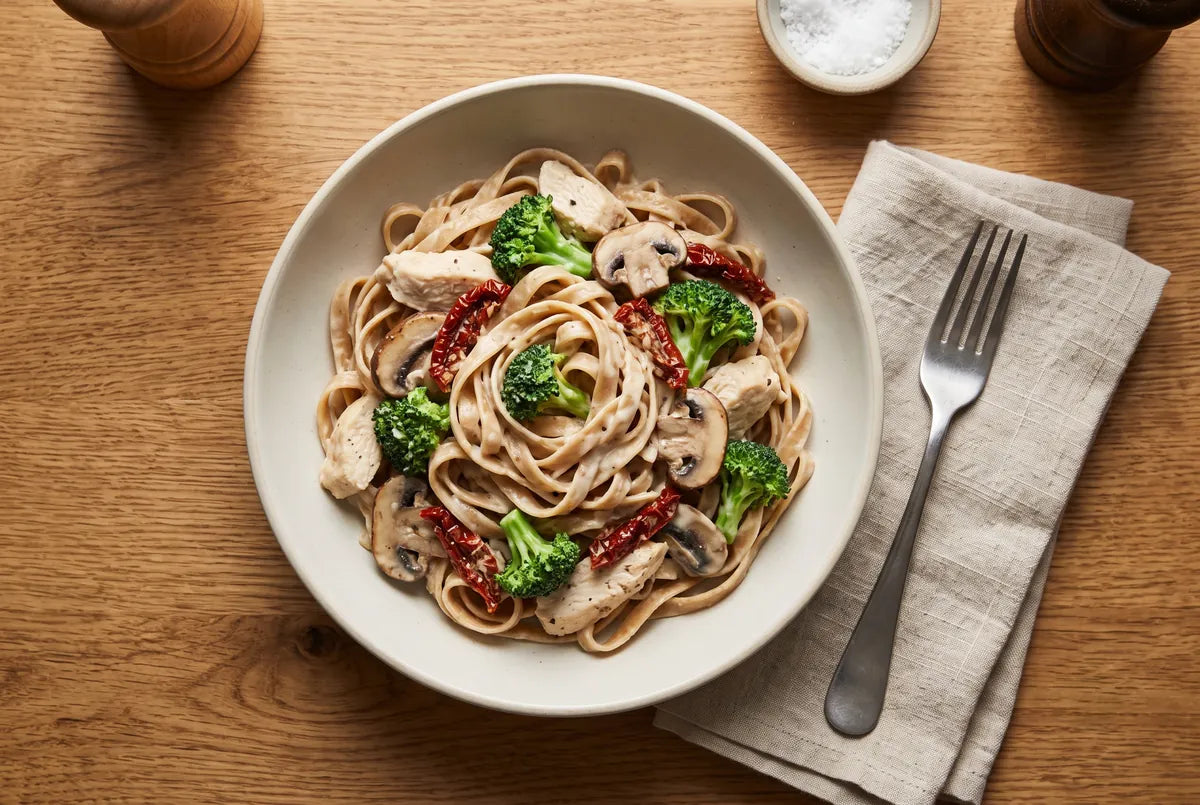 Whole wheat pasta with chicken, broccoli, mushrooms and sun-dried tomato in alfredo sauce.