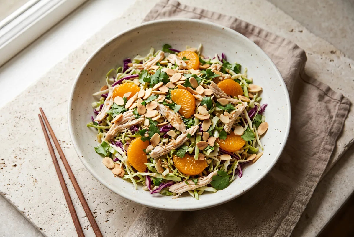 Crunchy chicken salad with two cabbages, mandarin, coriander and almonds.