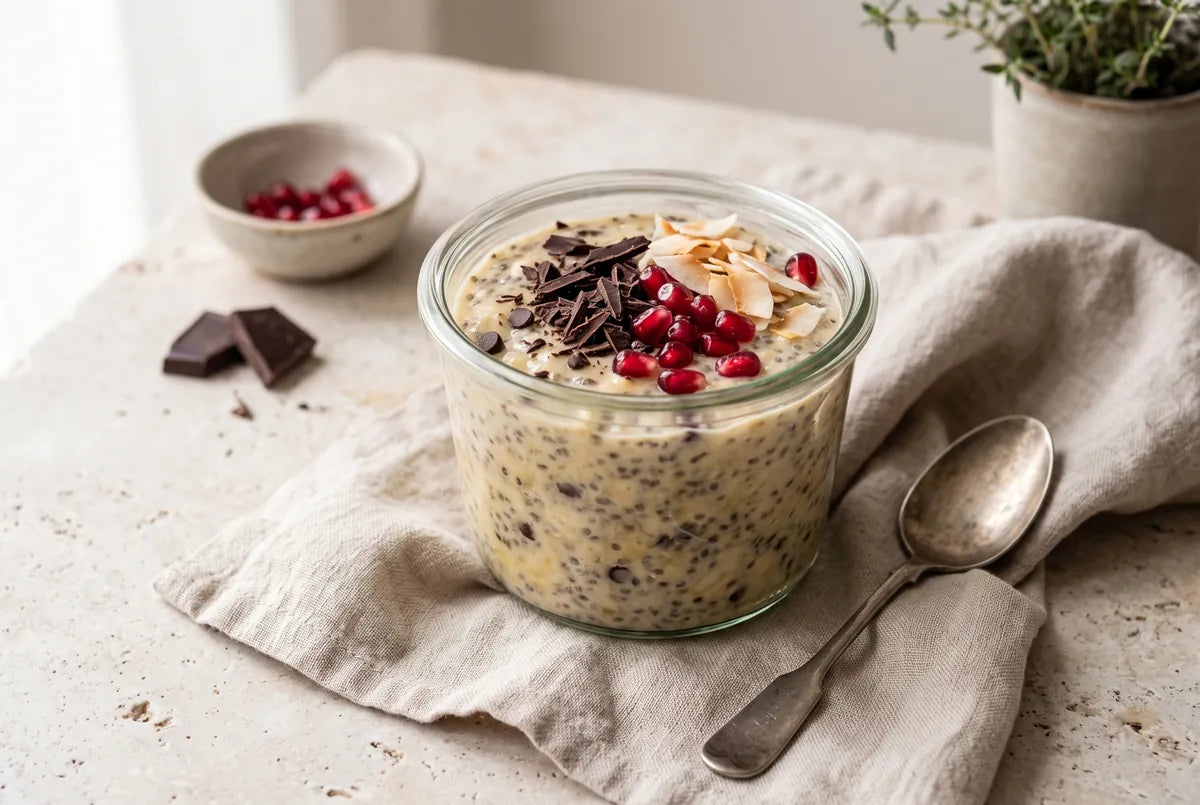 Banana chia pudding with dark chocolate, coconut and pomegranate.