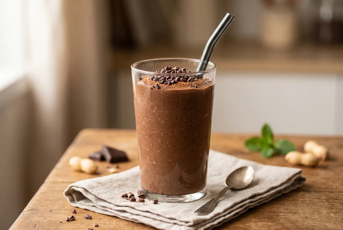 Rich calorie-dense chocolate smoothie with avocado, peanut butter and banana.