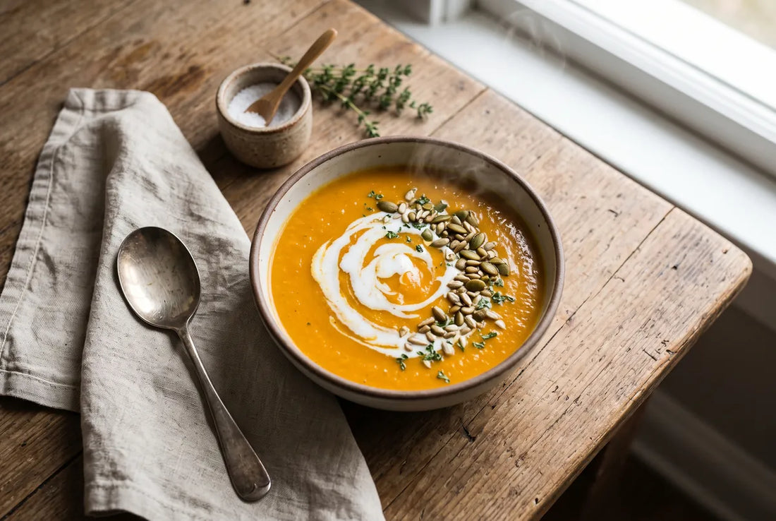 Velvety carrot and coconut milk soup, warming and filling.