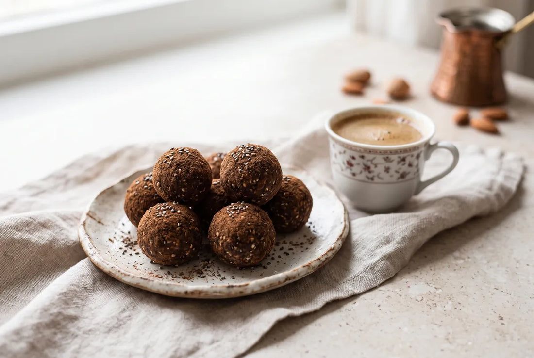 Date and almond energy balls rolled in Turkish coffee and chia seeds.
