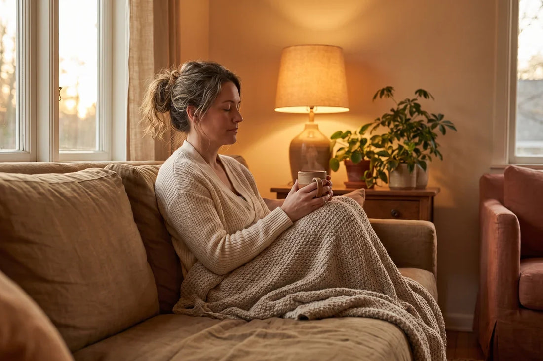 A calm woman in soft daylight sipping herbal tea by a window, unwinding after a walk.
