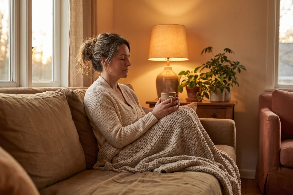 A calm woman in soft daylight sipping herbal tea by a window, unwinding after a walk.