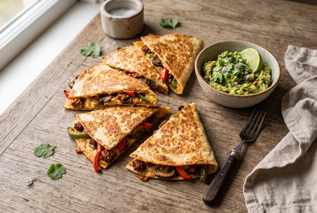 Crispy quesadillas with sausage, mushrooms, peppers and melted cheese, with guacamole.