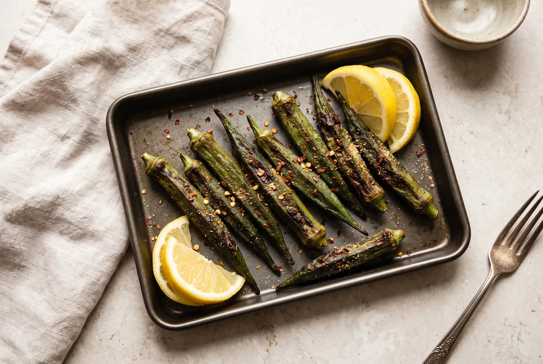Lemony, garlicky okra roasted until crisp.