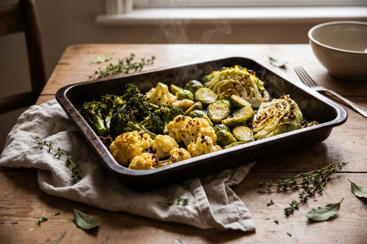 Roasting tray of caramelised winter cruciferous vegetables - charred broccoli, golden cauliflower, Brussels sprouts and cabbage wedges - on a rustic wooden table with thyme and linen